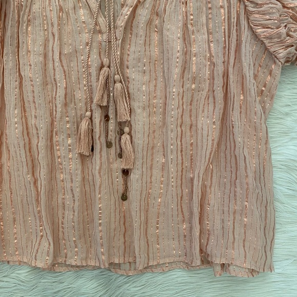 Ulla Johnson Blush Pink Metallic Stripe Ruffle Sleeve Tie Neck Cora Top Blouse - Picture 5 of 14
